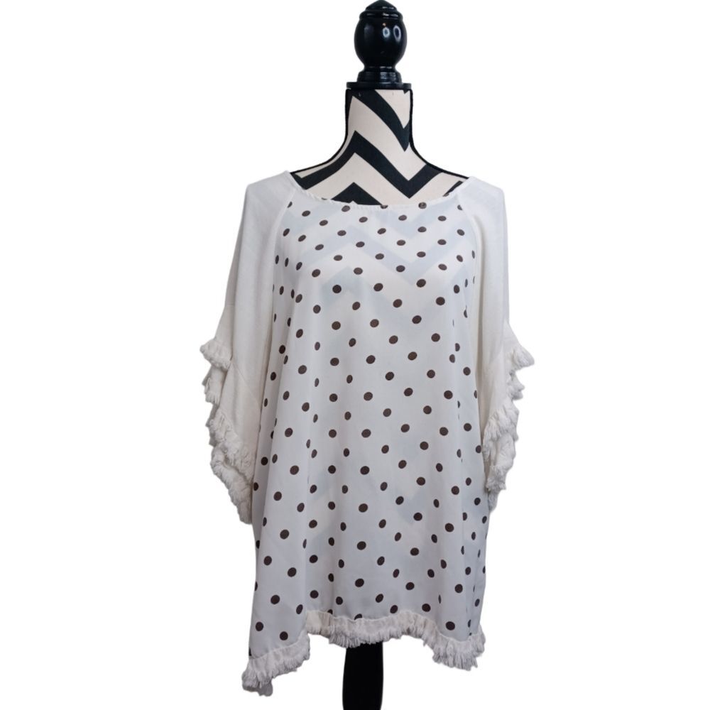 Umgee Boho Polka Dot Linen Cotton Blend Fringe Sleeve Top Sz XL